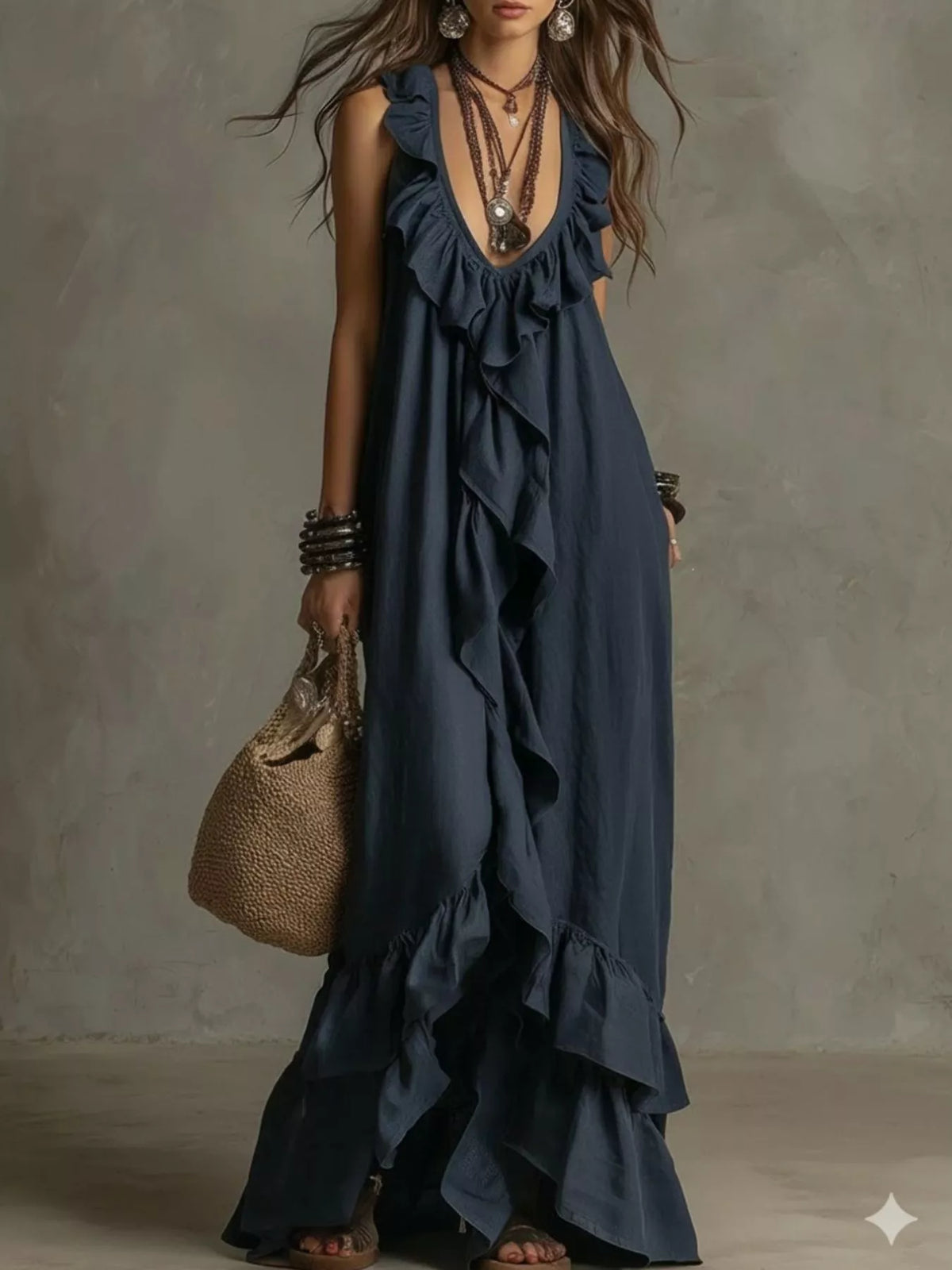 Ruffled Sleeveless Maxi Dress in Dark Blue