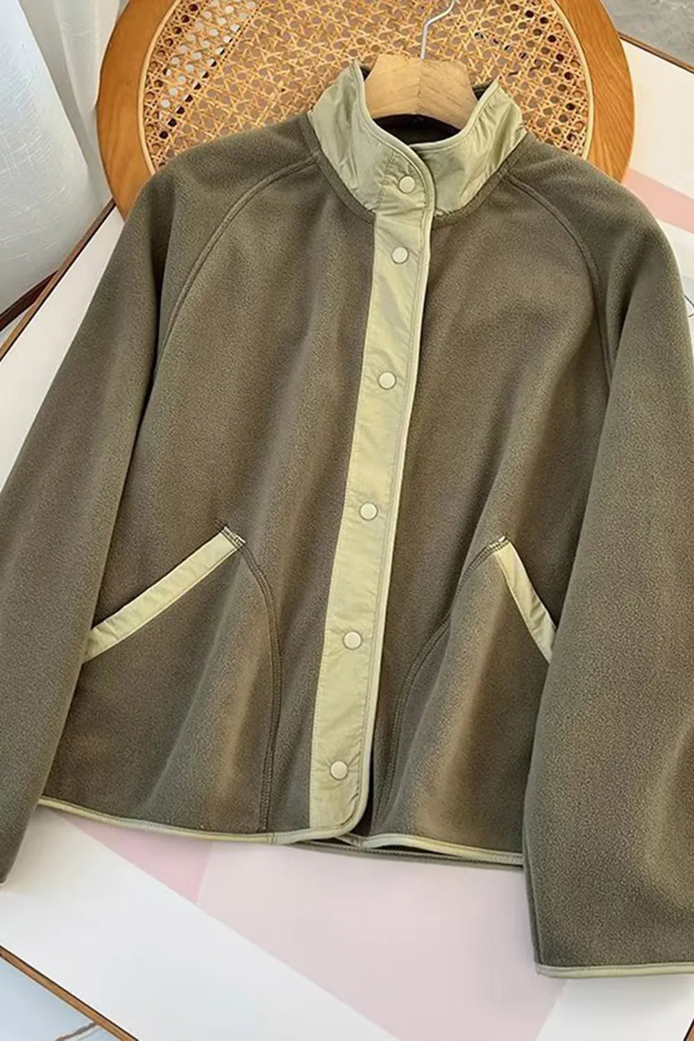 Snap Down Contrast Fleece Jacket with Pockets - Lilixa.store
