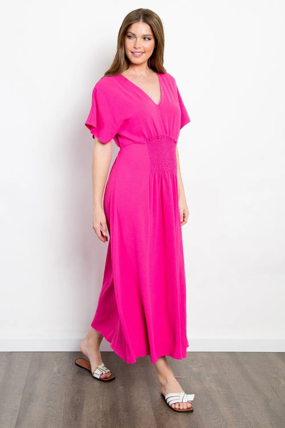 Be Stage Full Size Shirred Front Short Sleeve Maxi Dress - Lilixa.store