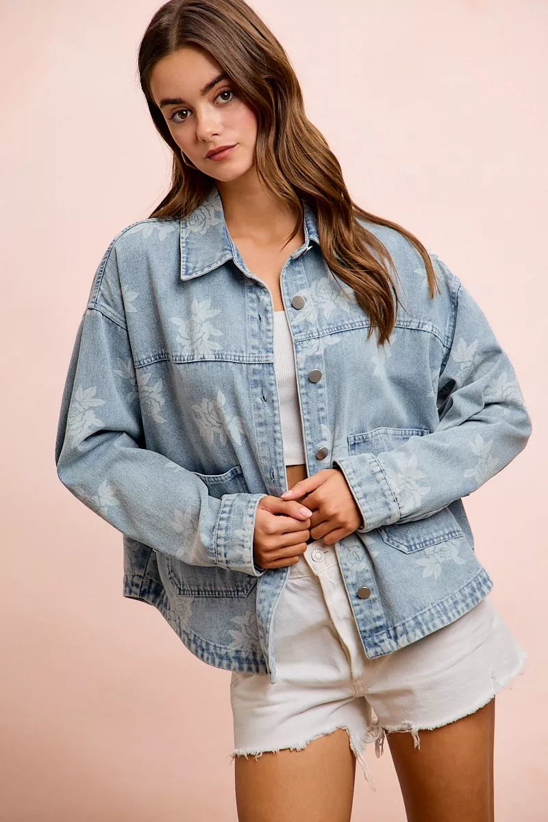 BiBi Printed Washed Denim Jacket With Pocket, view 10