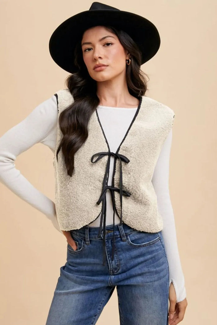 Annie Wear V-Neck Tie Detail Vest Coat - Lilixa.store