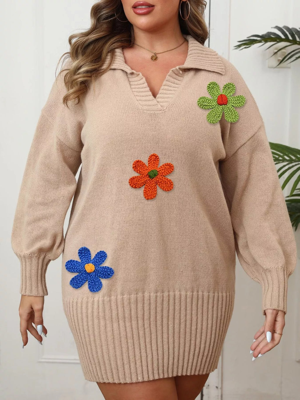 Plus Size Floral Applique Ribbed Hem Sweater Dress - Lilixa.store