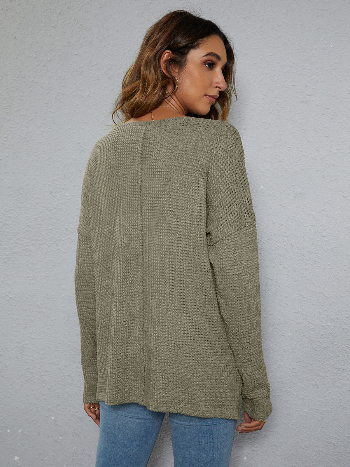 Dropped Shoulder High-Low Waffle-Knit Top, view 7