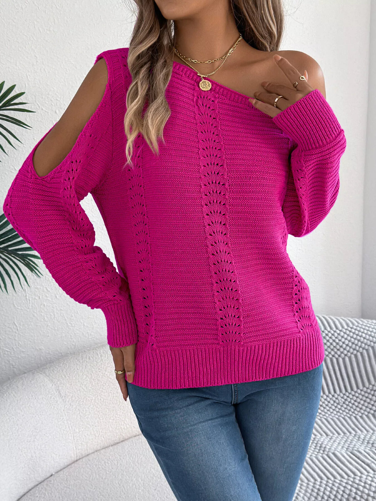 Cold-Shoulder Ribbed Knit Openwork Sweater in Cerise