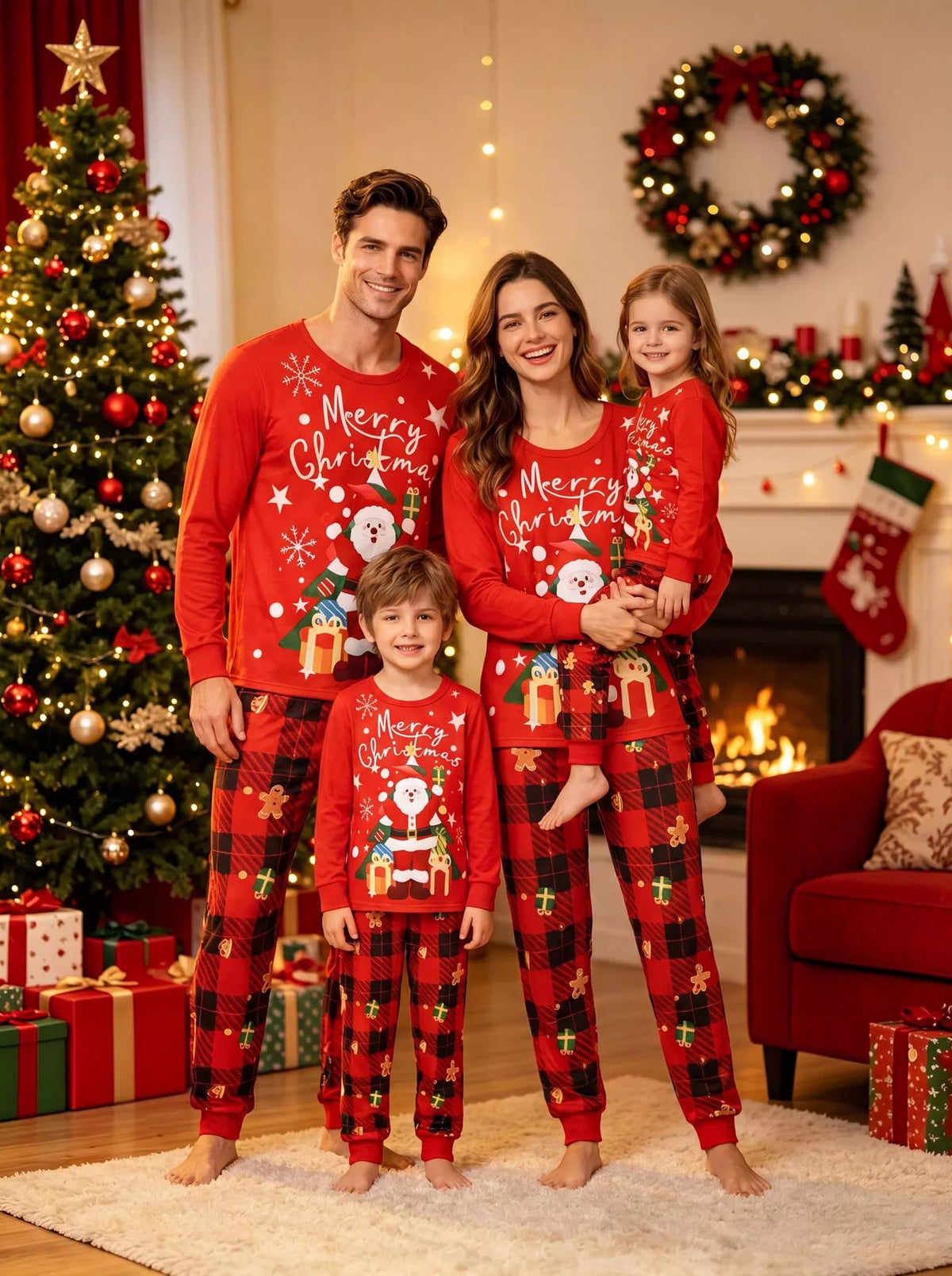 Family Matching Christmas Pajama Set with Santa and Plaid Print
