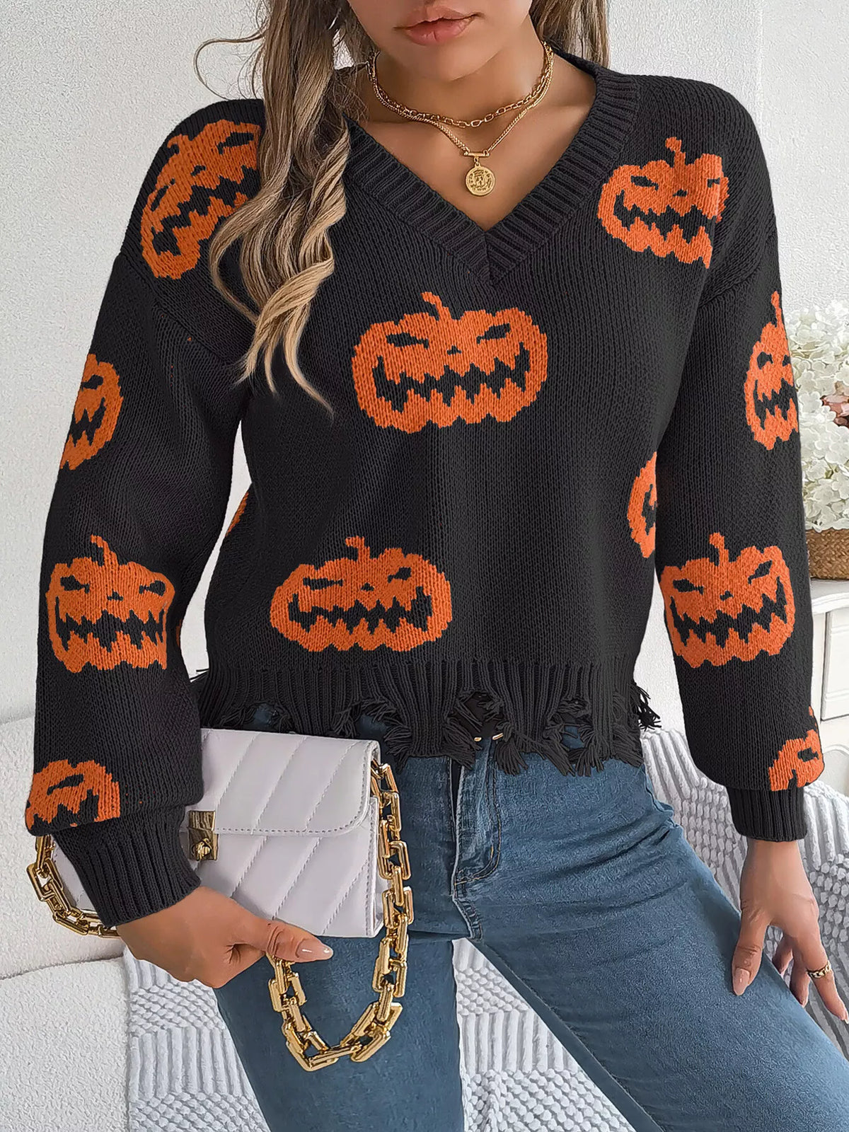 Pumpkin Distressed Hem Sweater