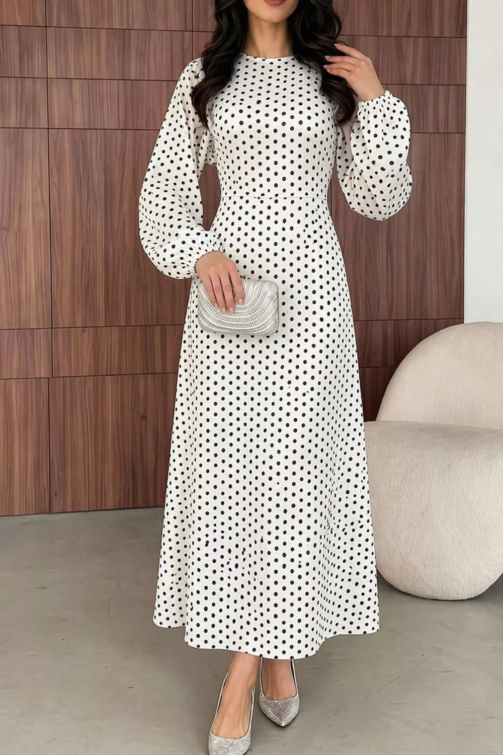Polka Dot Long Sleeve Maxi Dress - Lilixa.store