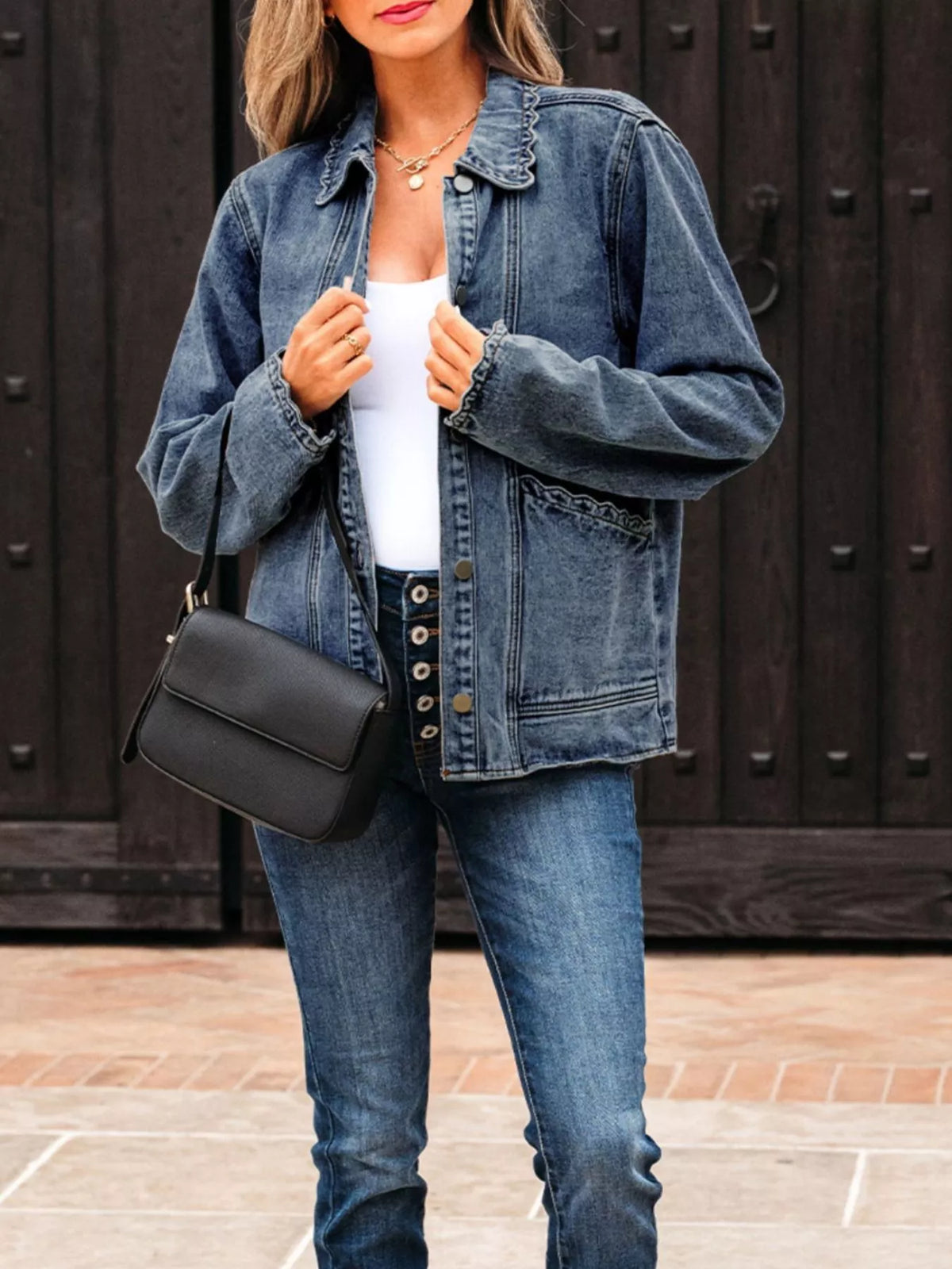 Scallop Trim Collar Patched Pocket Button Up Denim Jacket in Navy