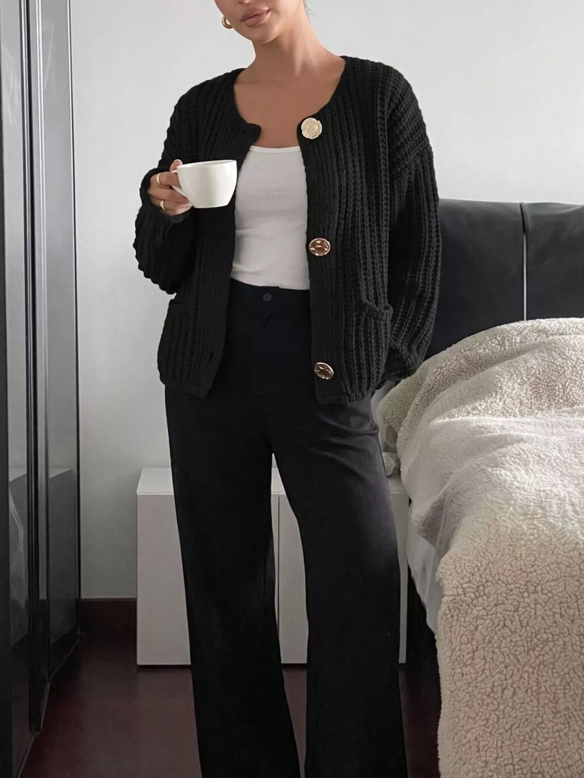 Ribbed Knit Cardigan with Gold-Tone Buttons, view 11