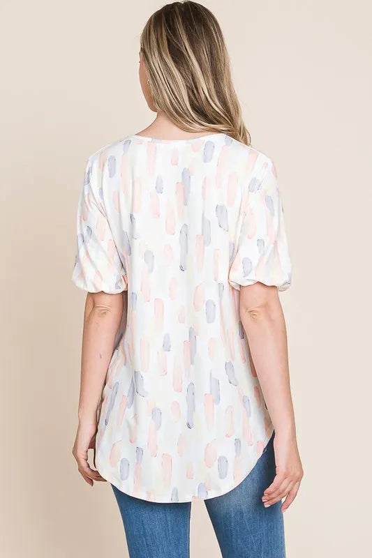 BOMBOM Round Neck Puff Short Sleeve Blouse - Lilixa.store