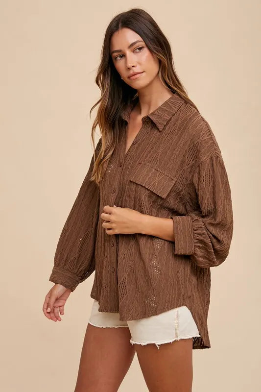 Annie Wear Openwork Button Down Drop Shoulder Shirt - Lilixa.store