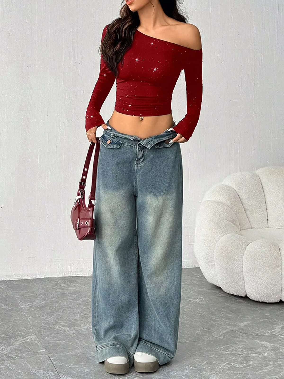 Glitter One-Shoulder Long Sleeve Crop T-Shirt, view 9