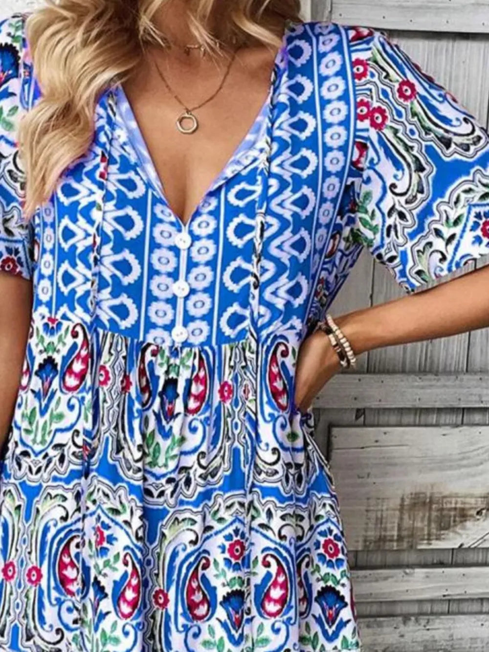 Printed Tie Neck Short Sleeve Dress, view 11