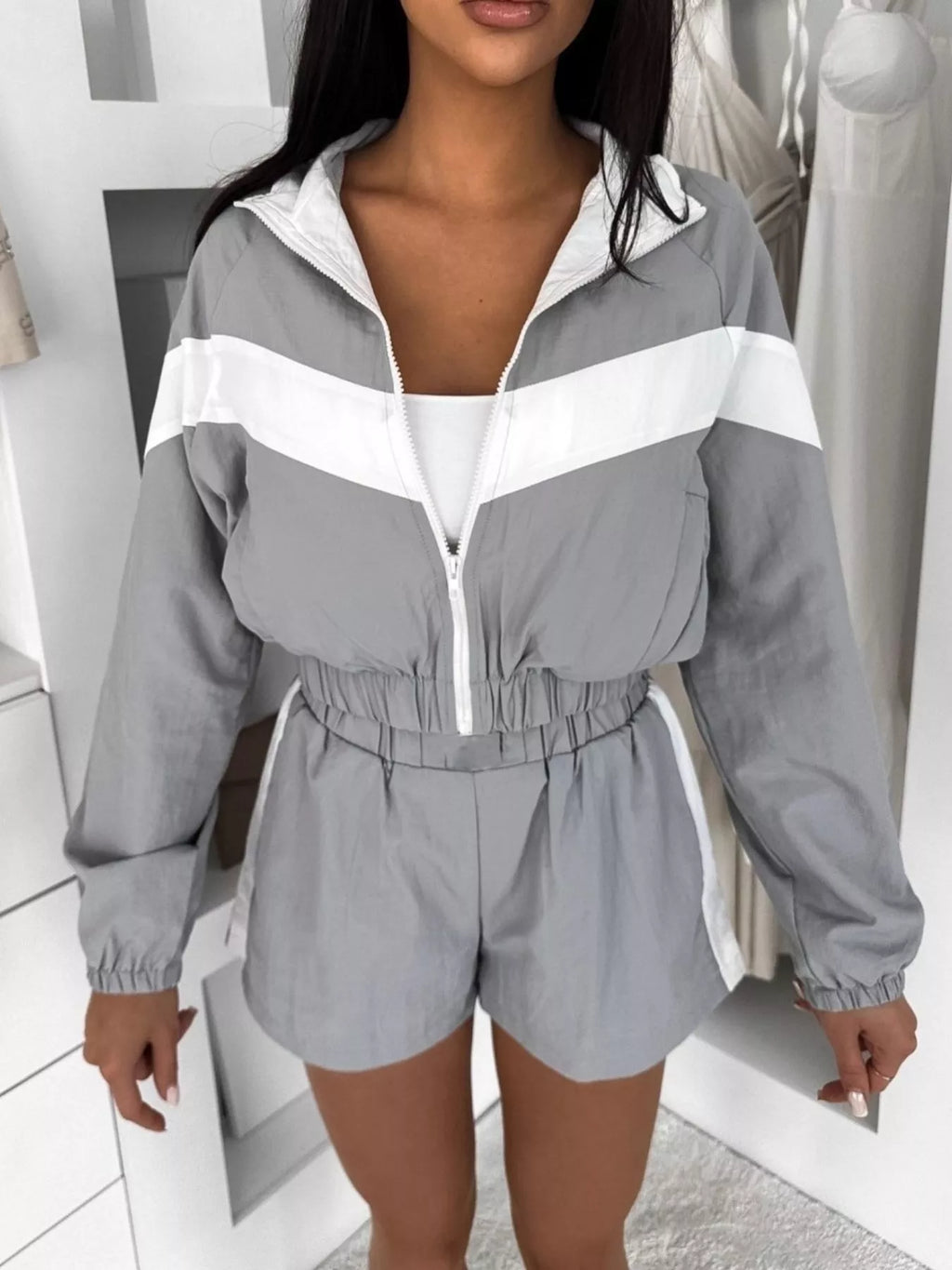 Color Block Zip-Up Jacket and Shorts Two-Piece Set - Lilixa.store