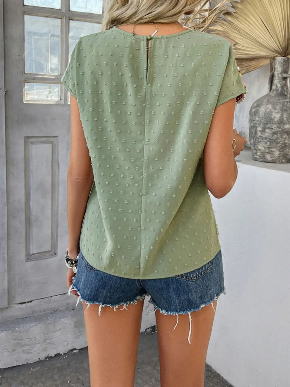 Devine Swiss Dot Round Neck Crochet Short Sleeve Top, view 13