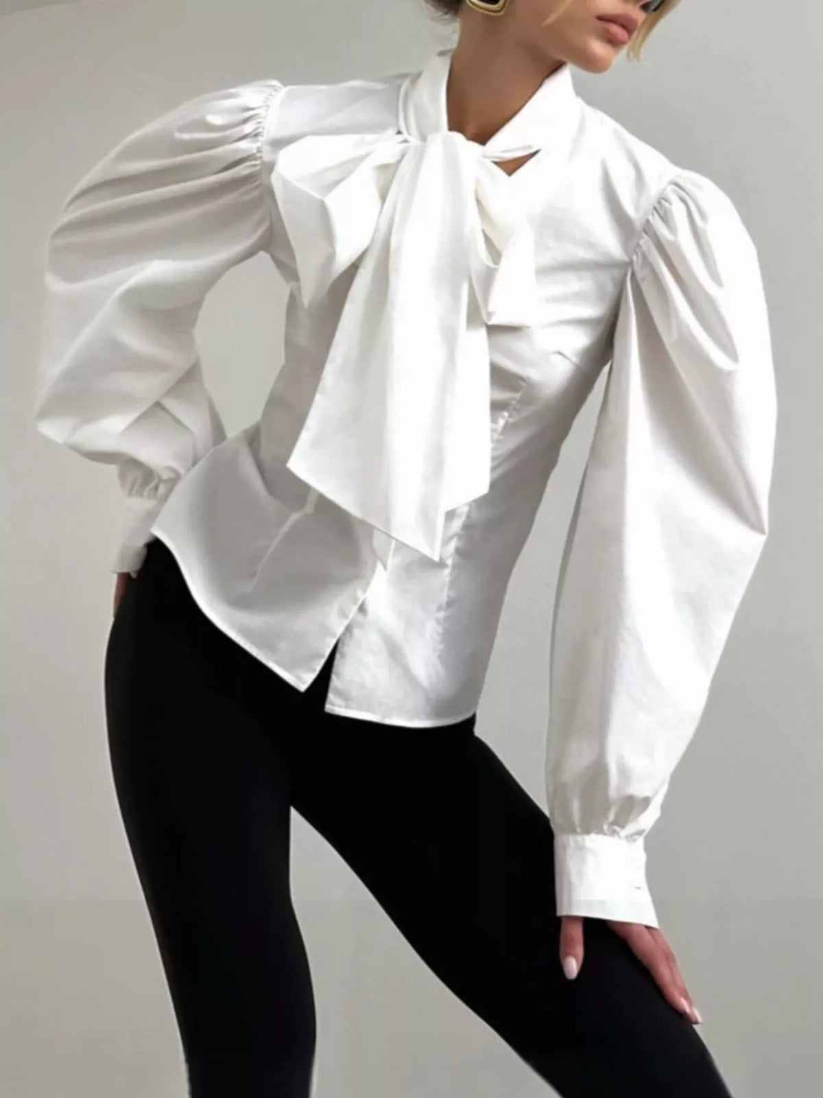 Bow Tie Puffed Sleeves Blouse in White, view 3