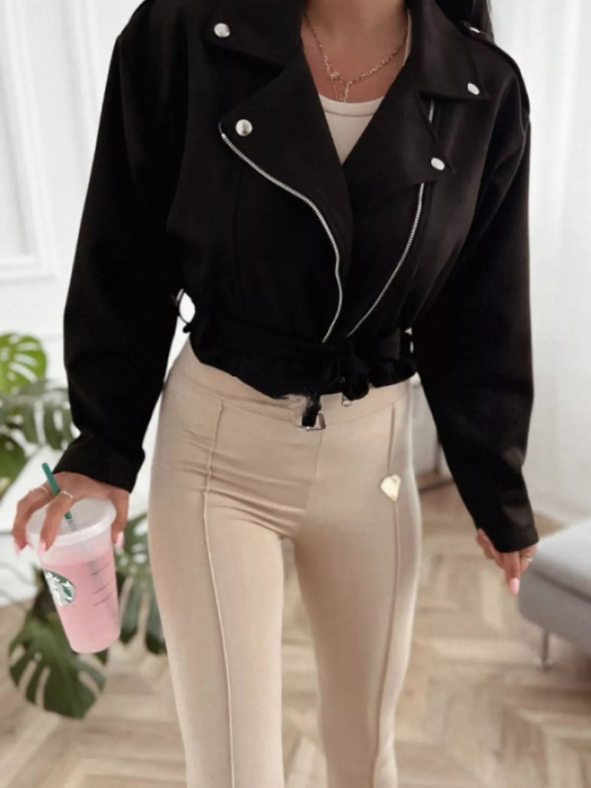 Cropped Biker Jacket with Belt Detail in Black