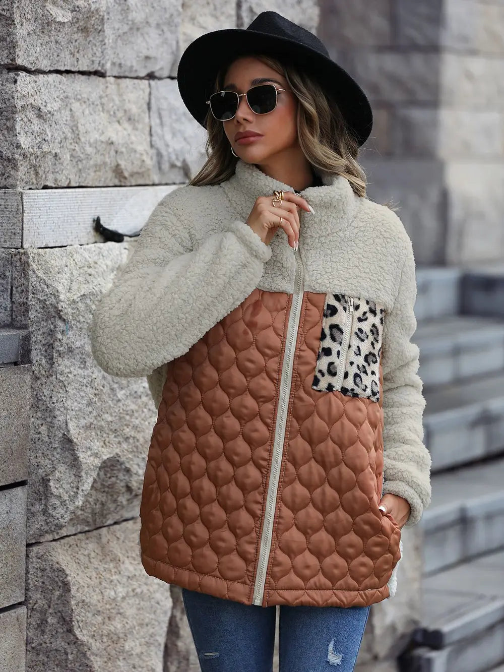 Leopard Color Block Zip-Up Jacket, view 2