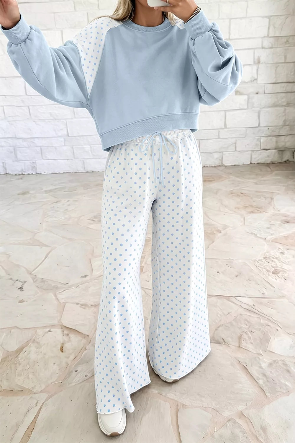 Polka Dot Cropped Sweatshirt and Wide-Leg Pants Set - Lilixa.store