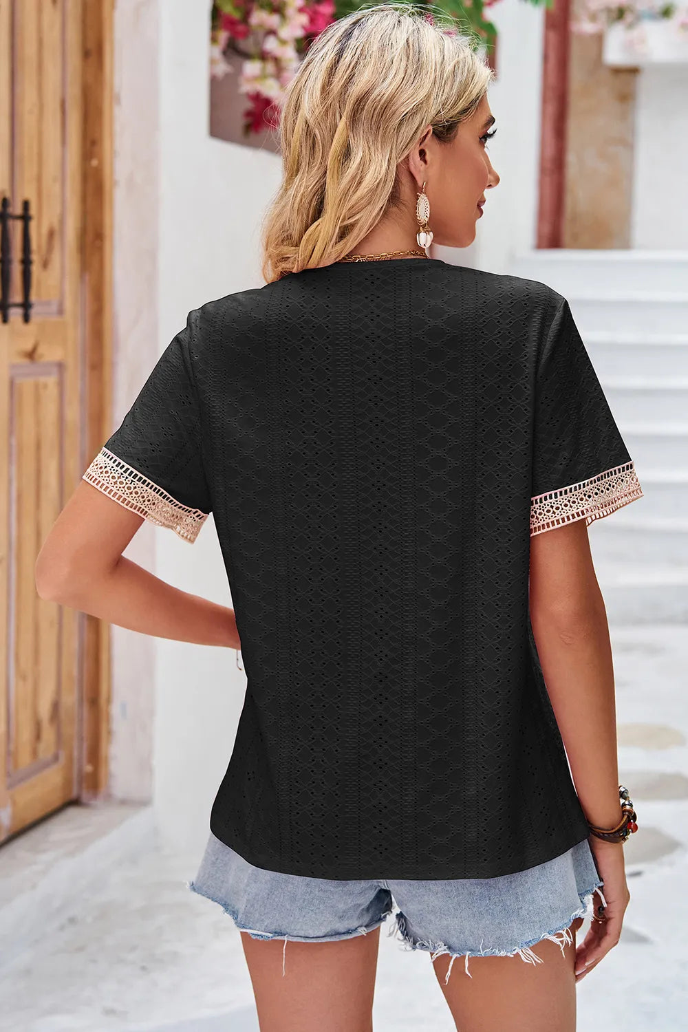 Eyelet V-Neck Short Sleeve T-Shirt - Lilixa.store