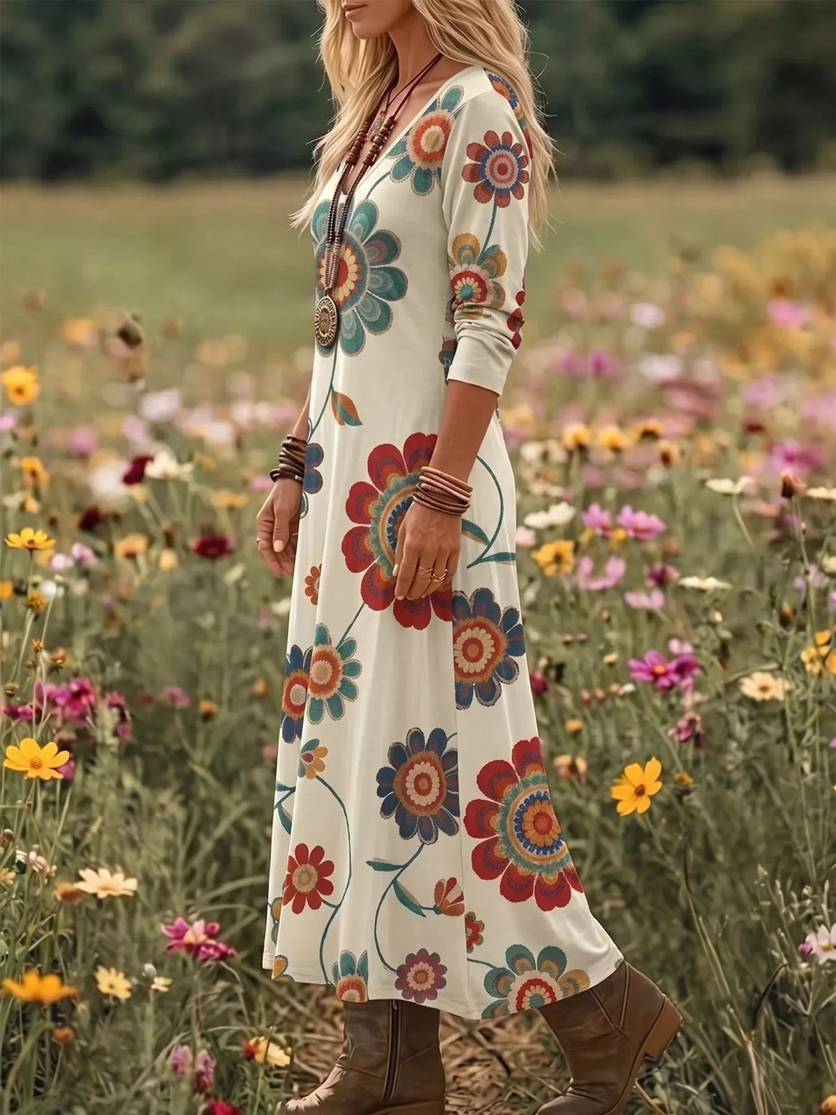 Floral Print V-Neck Long Sleeve Maxi Dress
