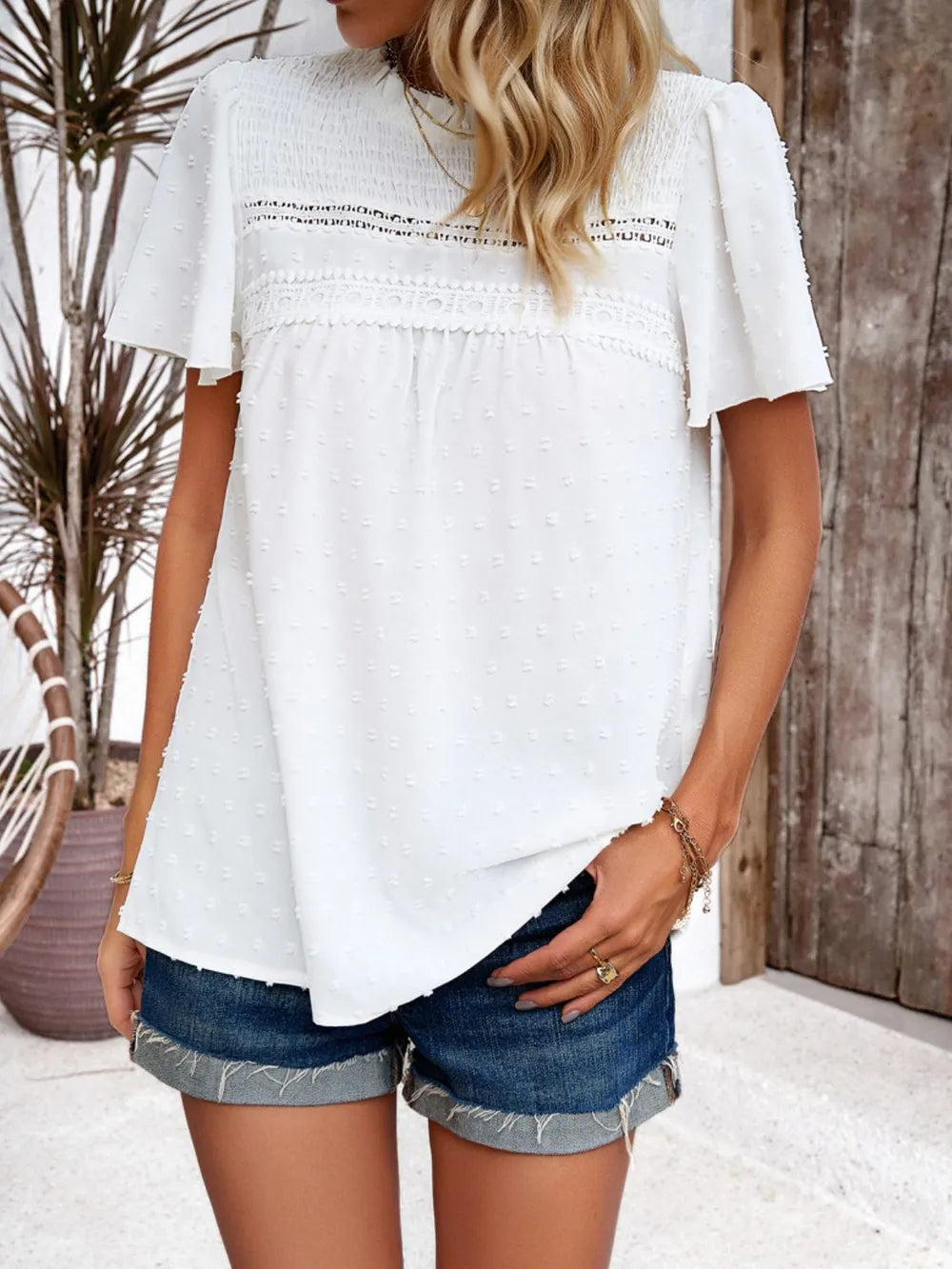 Devine Swiss Dot Smocked Round Neck Short Sleeve Blouse - Lilixa.store