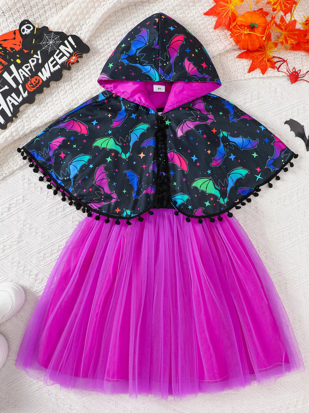 Children's Halloween Bat Print Hooded Cape and Tulle Dress Set - Lilixa.store