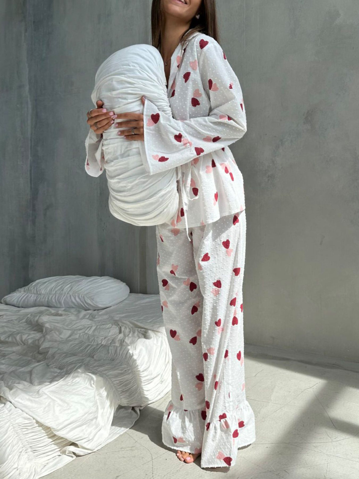 Heart Print Long Sleeve and Pants Lounge Set - Lilixa.store