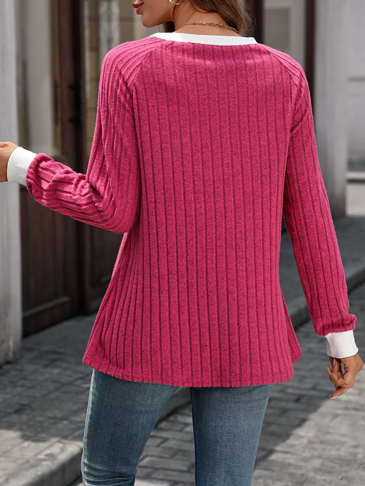 Ribbed Round Neck Raglan Sleeve Knit Top - Lilixa.store