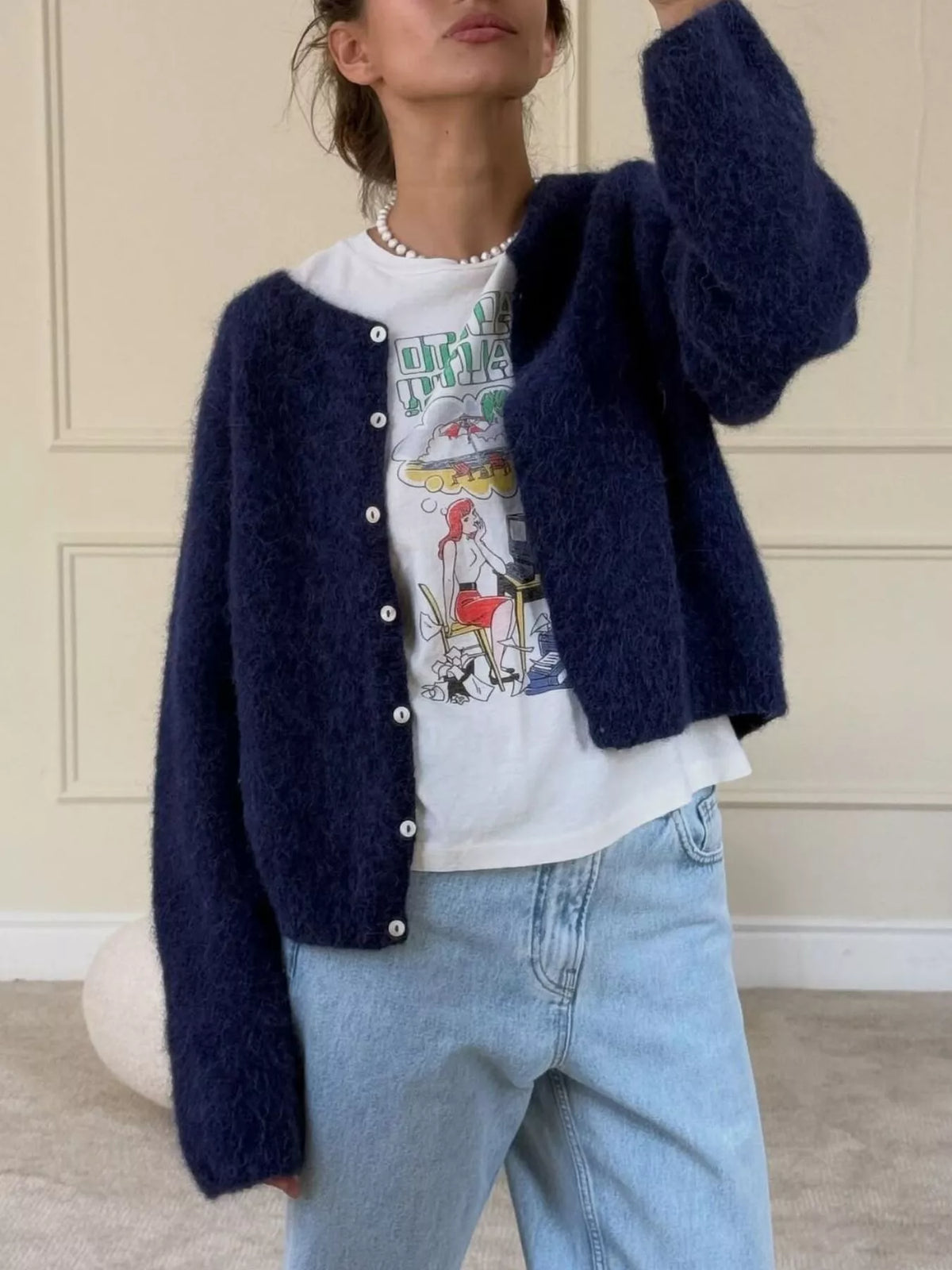 Fuzzy Knit Button-Down Cardigan in Dark Blue