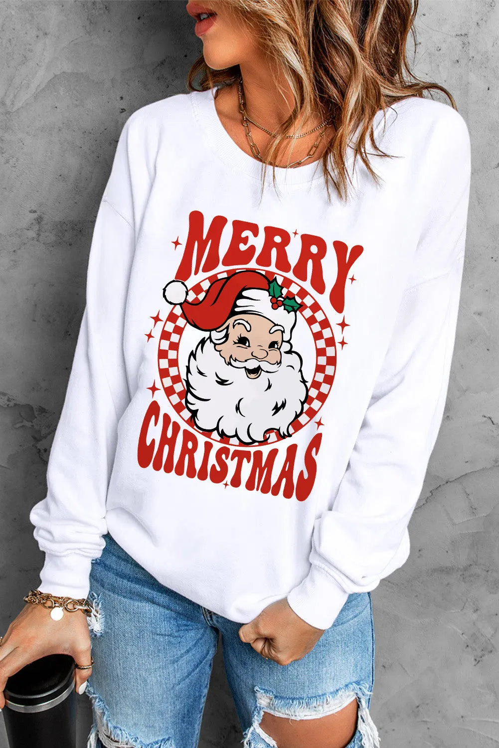 Santa Graphic Round Neck Long Sleeve Sweatshirt - Lilixa.store