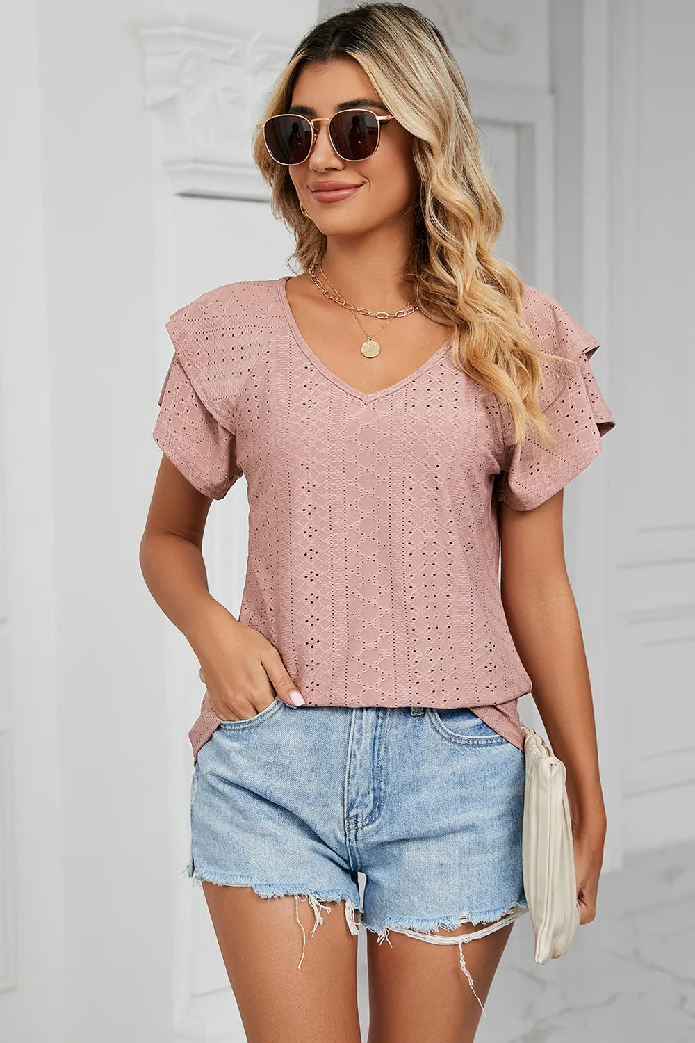 Eyelet V-Neck Short Sleeve T-Shirt - Lilixa.store