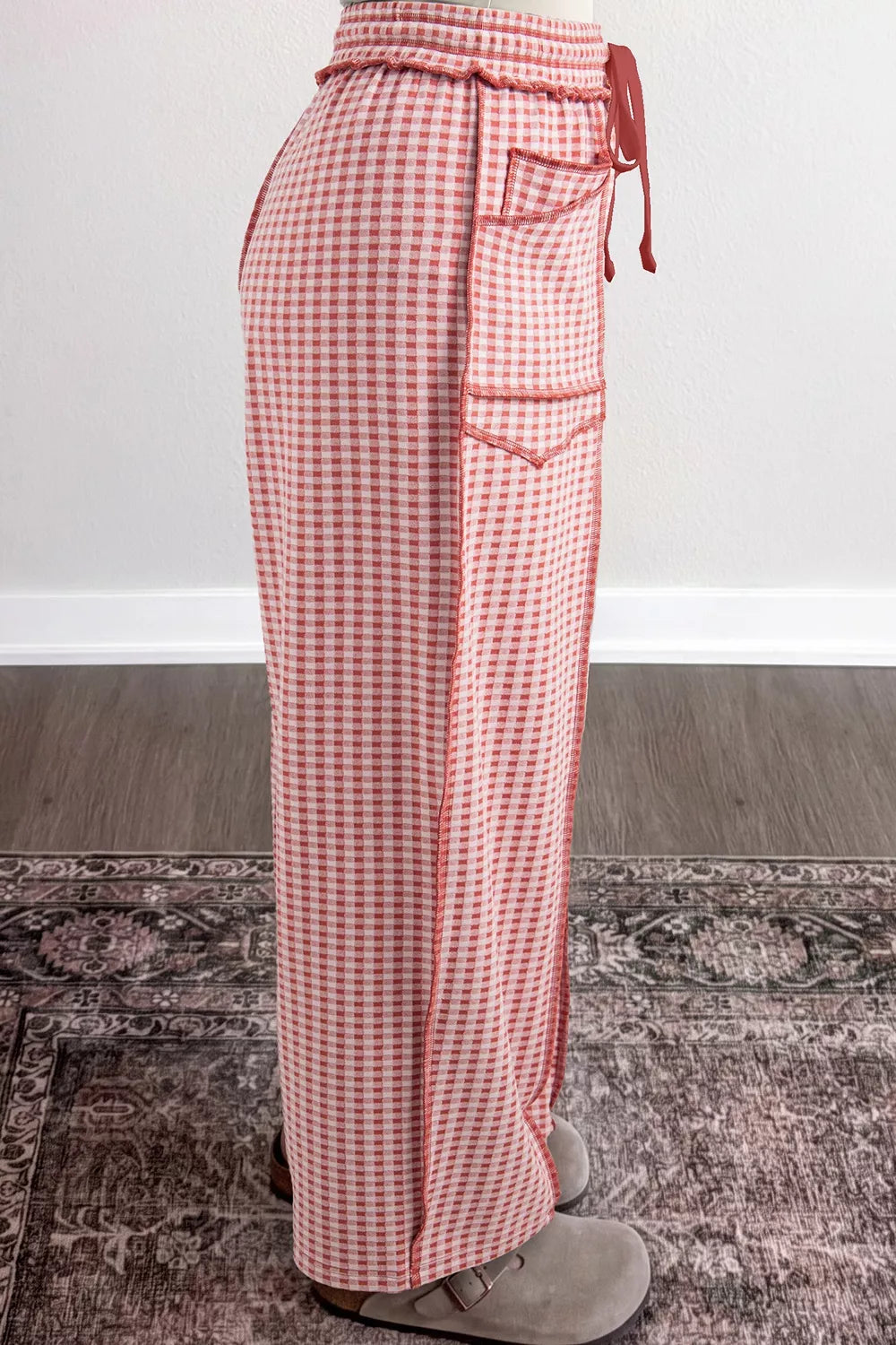 Gingham High-Waisted Drawstring Wide-Leg Pants