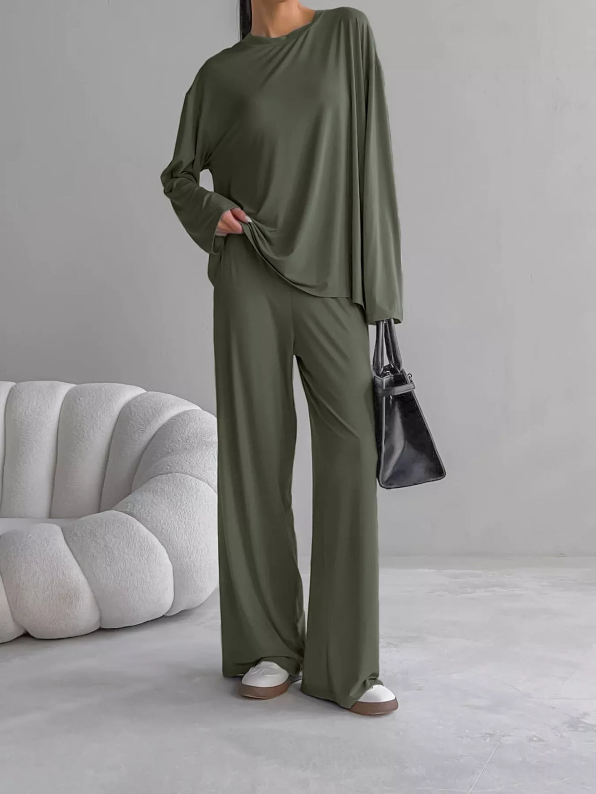 Solid Color Long Sleeve Top and Pants Set - Lilixa.store