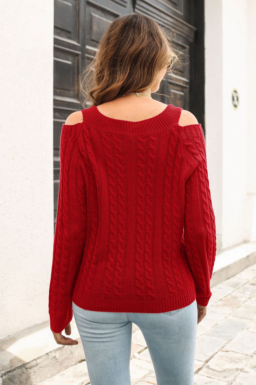 Cold Shoulder V-Neck Cable-Knit Pullover Sweater, view 7