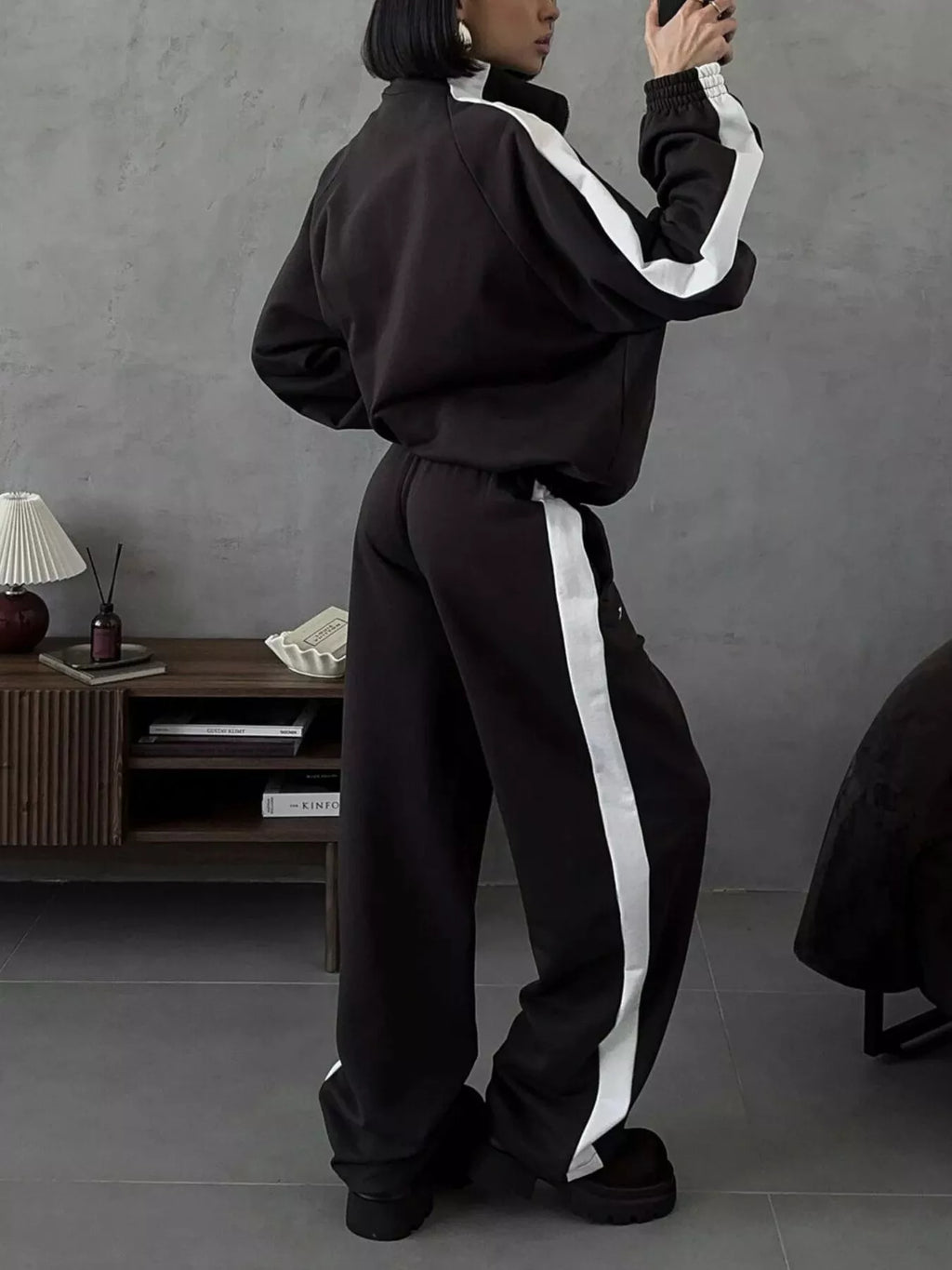 Contrast Side Stripe Zip Up Top and Pants Set - Lilixa.store