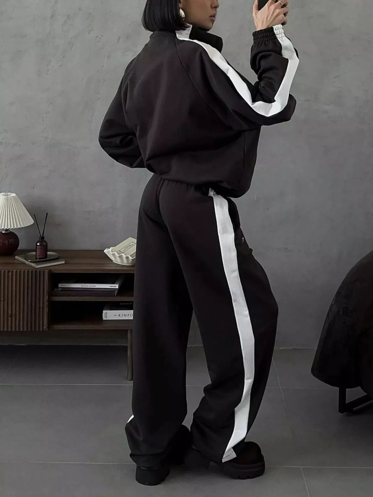 Contrast Side Stripe Zip Up Top and Pants Set - Lilixa.store