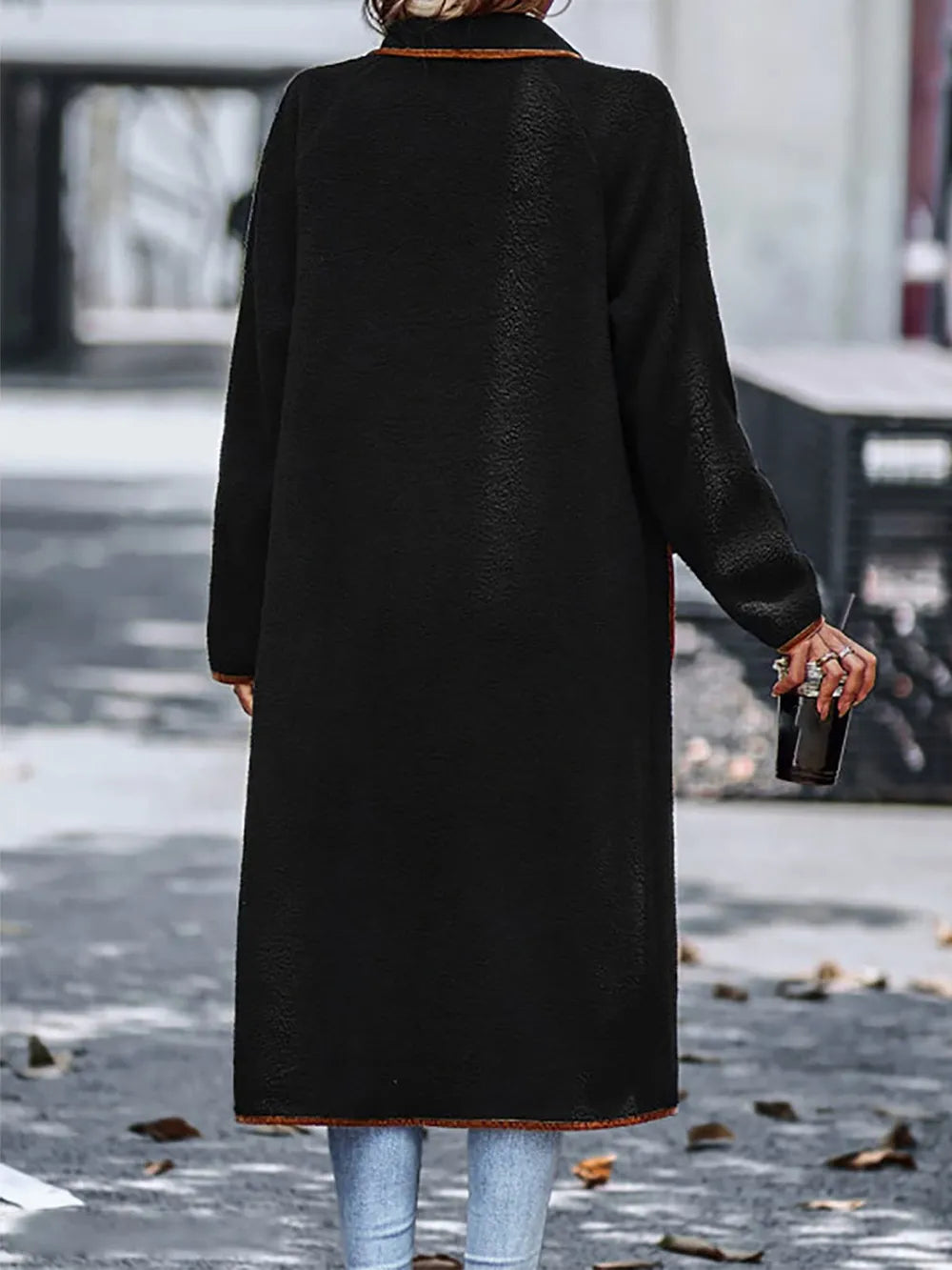 Full Size Contrast Trim Long Sleeve Coat with Pockets, view 3