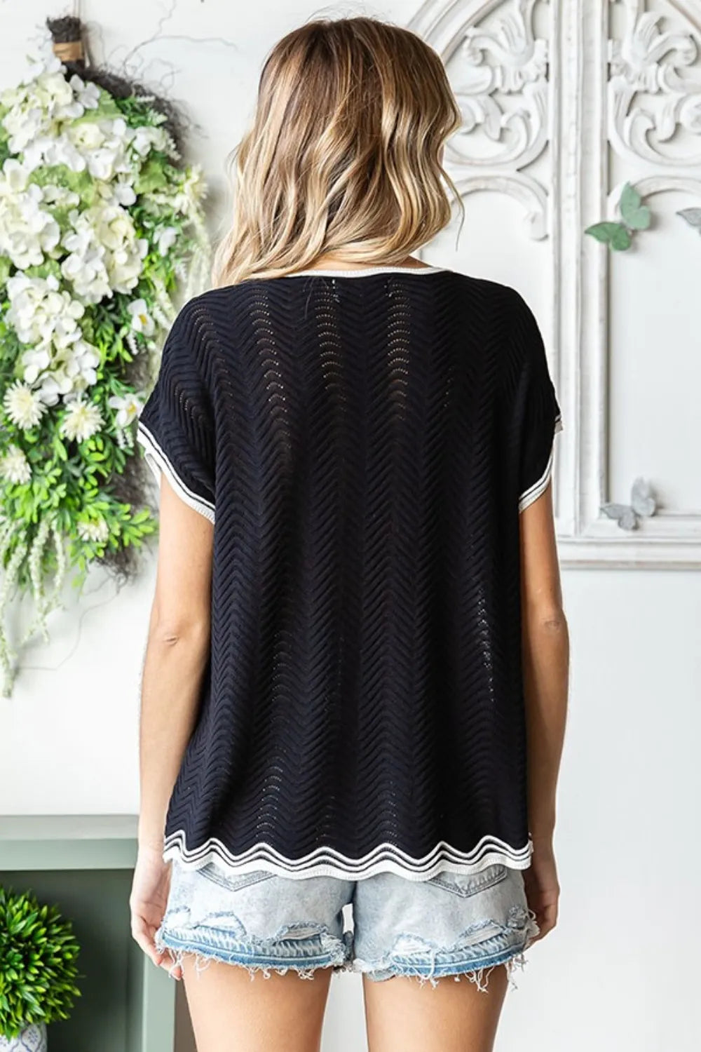 First Love Full Size Contrast Wavy Crochet Drop Shoulder Knit Top - Lilixa.store