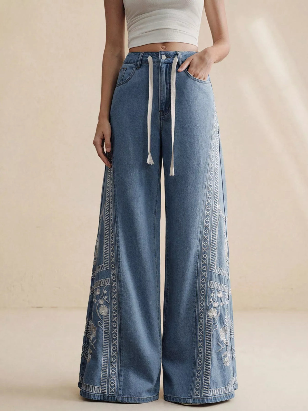 Embroidered Wide-Leg Drawstring Jeans - Lilixa.store