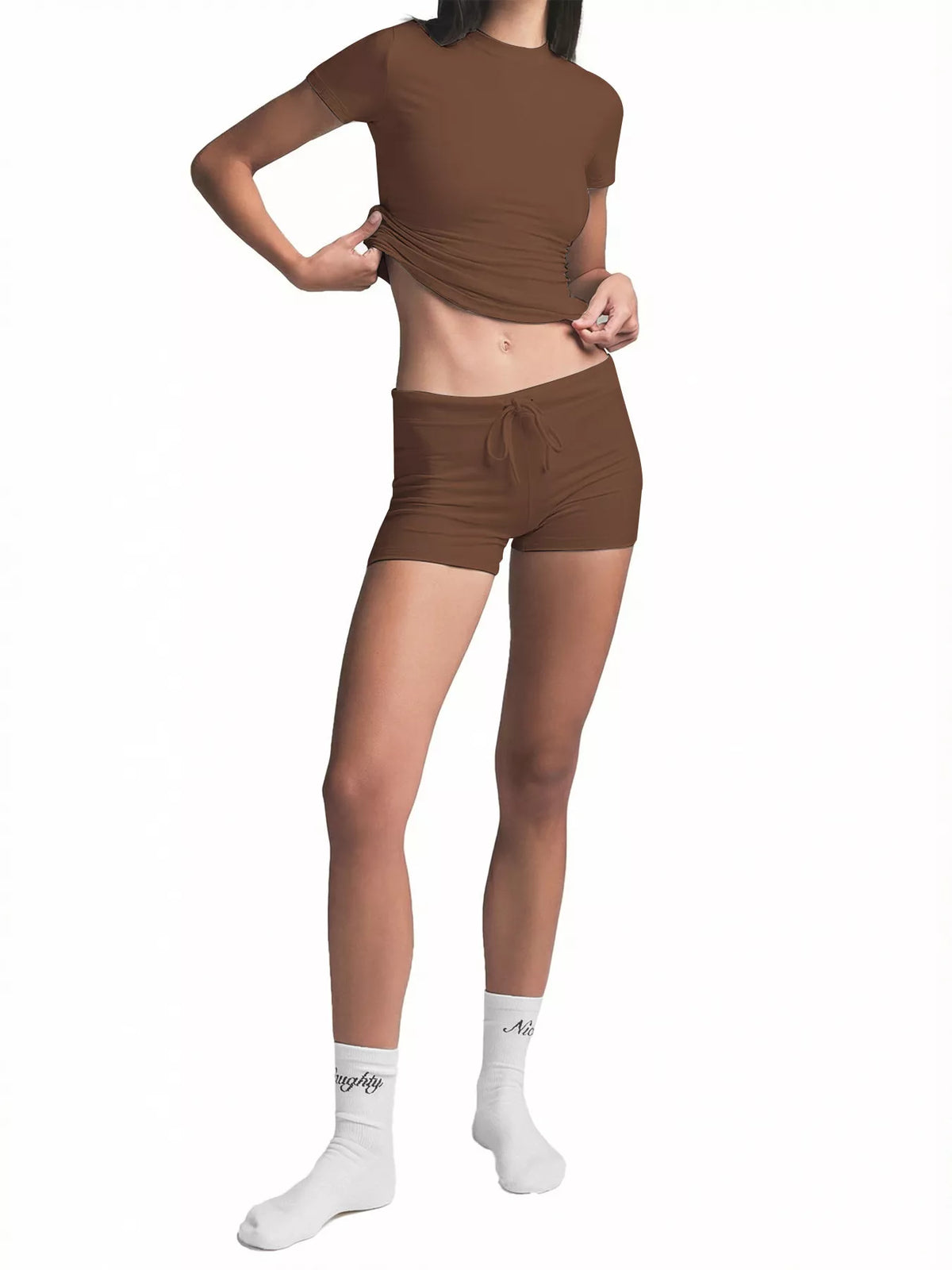 Mock Neck Crop Top and Drawstring Shorts Set - Lilixa.store