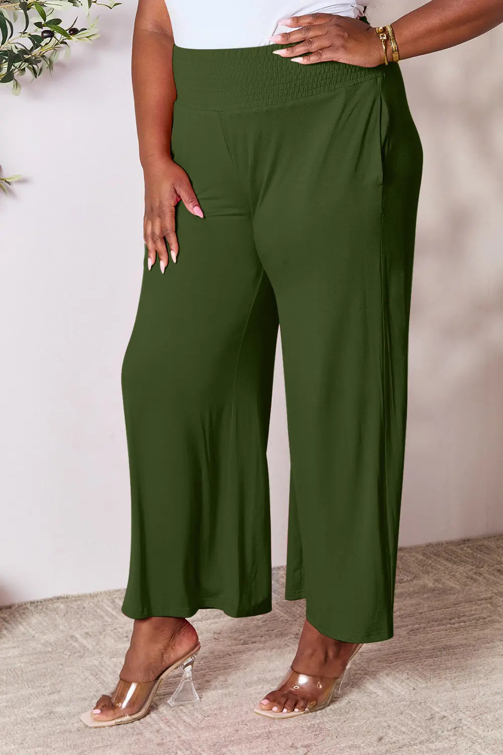 Basic Bae Full Size Smocked Wide Waistband Wide Leg Pants - Lilixa.store