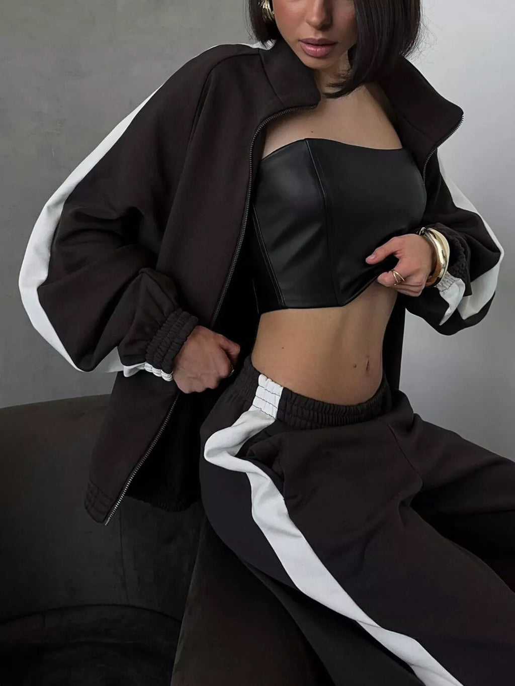 Contrast Side Stripe Zip Up Top and Pants Set - Lilixa.store