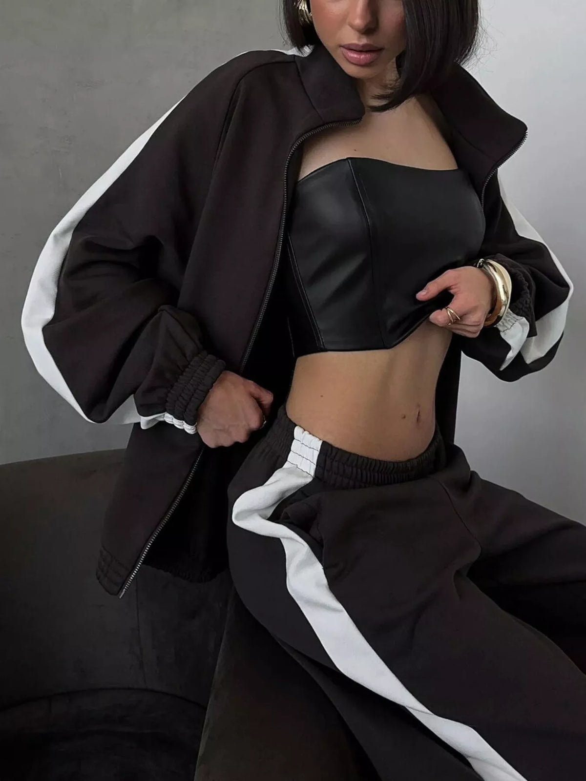 Contrast Side Stripe Zip Up Top and Pants Set - Lilixa.store