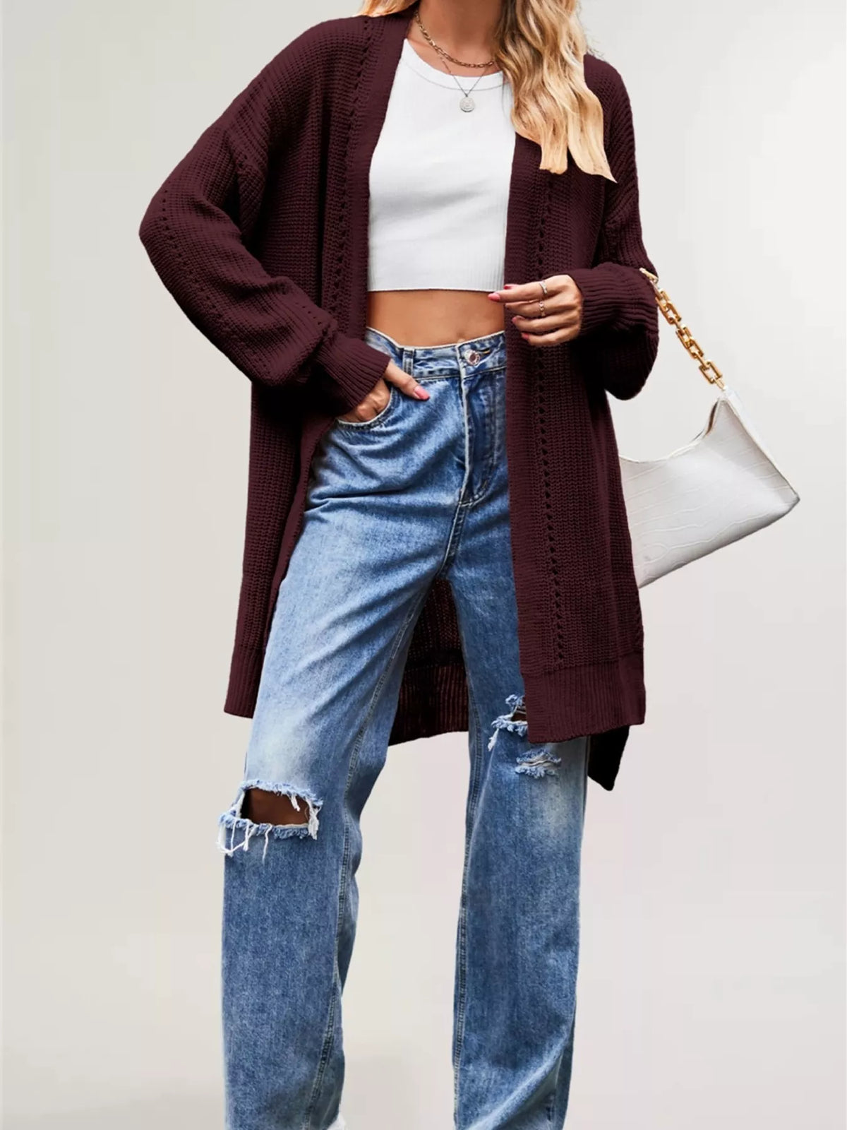 Open Front Openwork Knit Longline Cardigan - Lilixa.store
