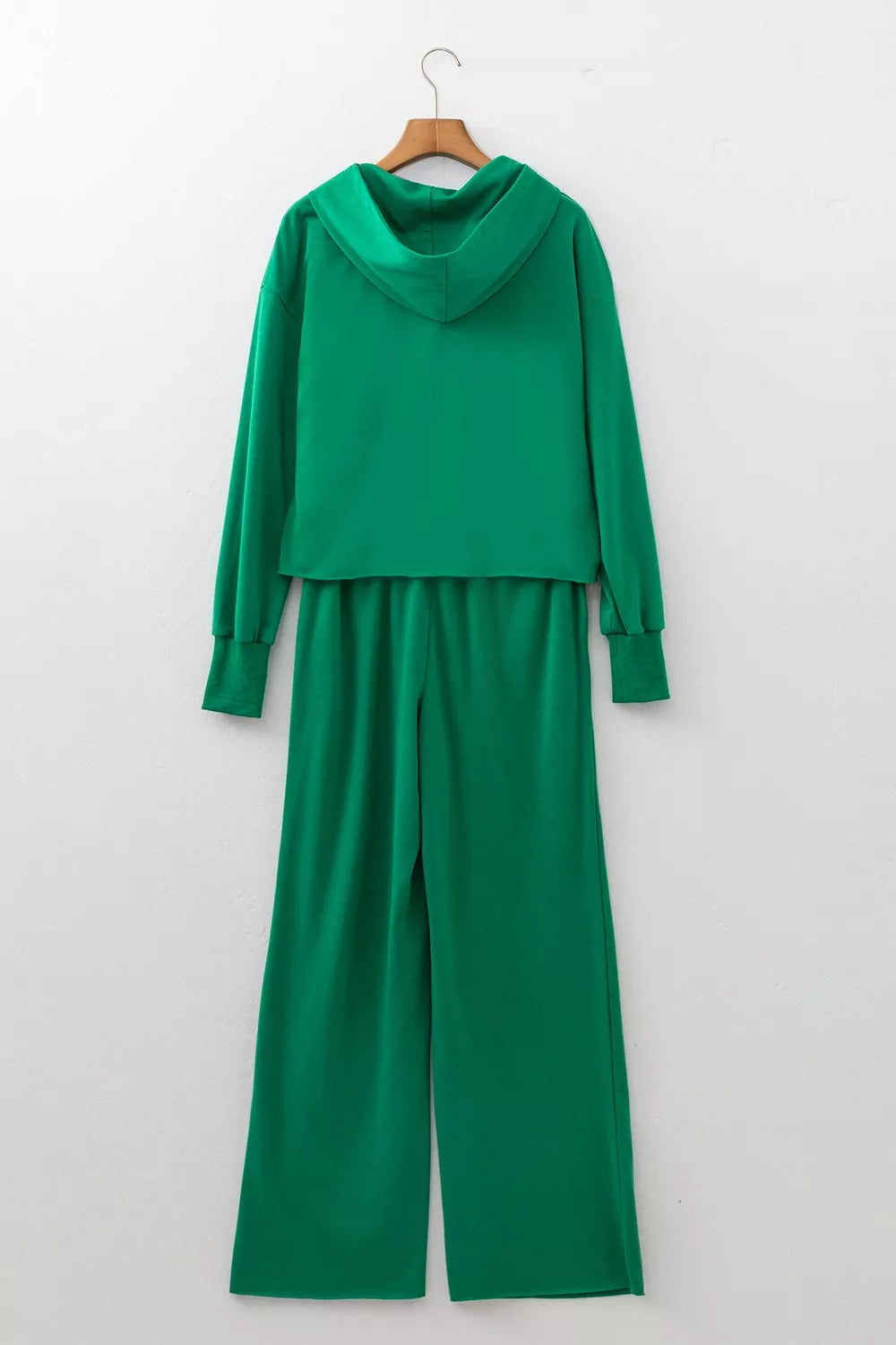 Solid Color Hooded Long Sleeve Elastic Waist Pocket Pants Set in Dark Green, view 5