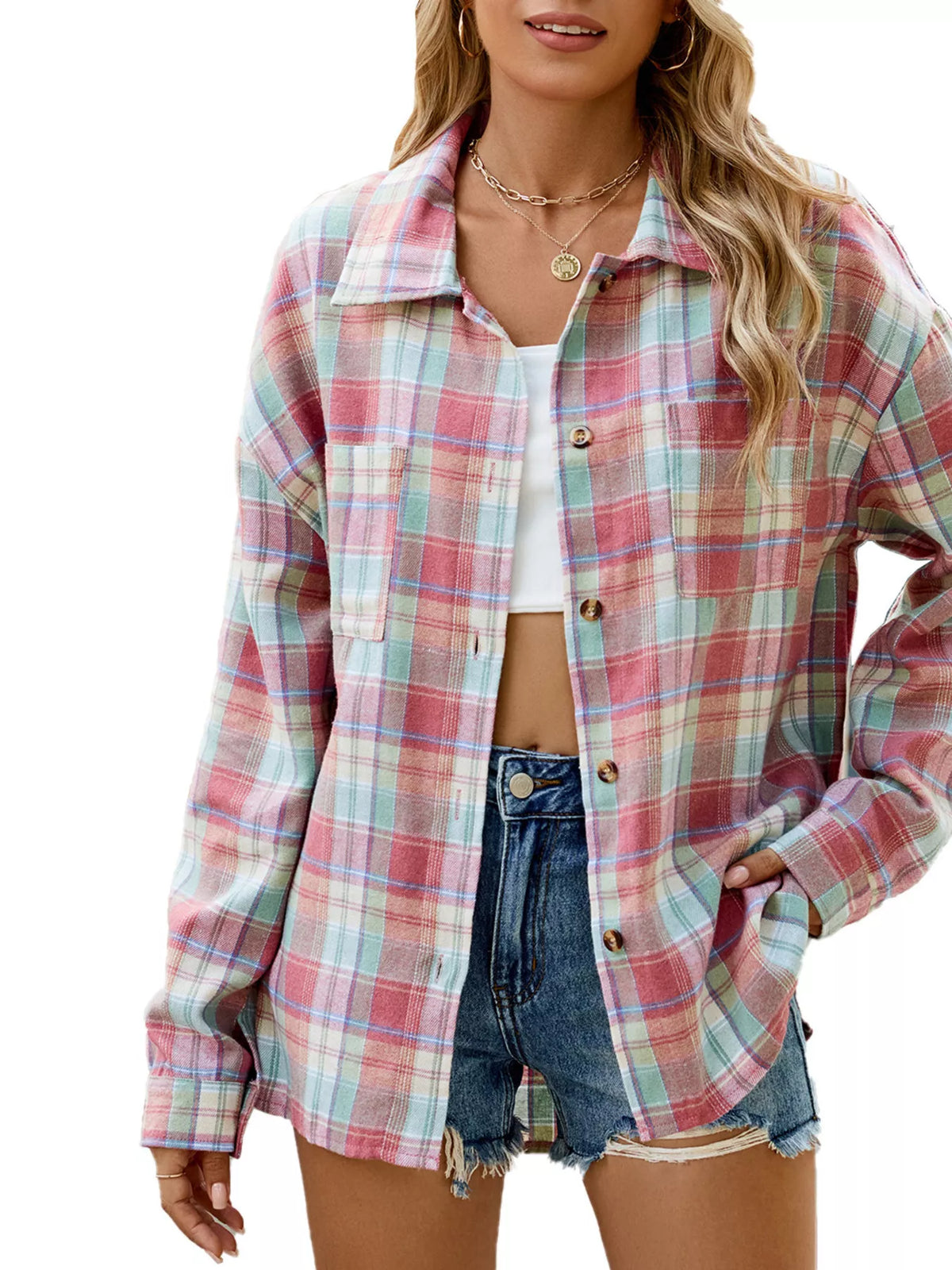 Plaid Button Up Shirt in Pink Purple