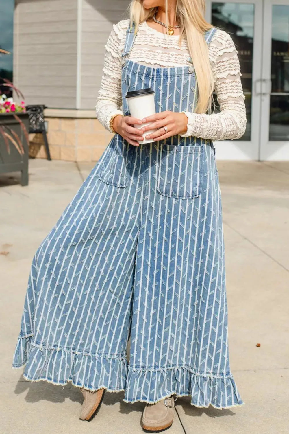 Striped Distressed Ruffled Wide Leg Denim Overalls in Light Blue, view 4