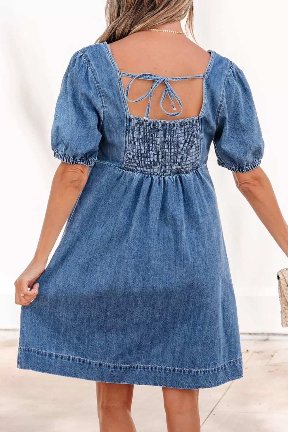 Button-Front Puff Sleeve Denim Dress - Lilixa.store