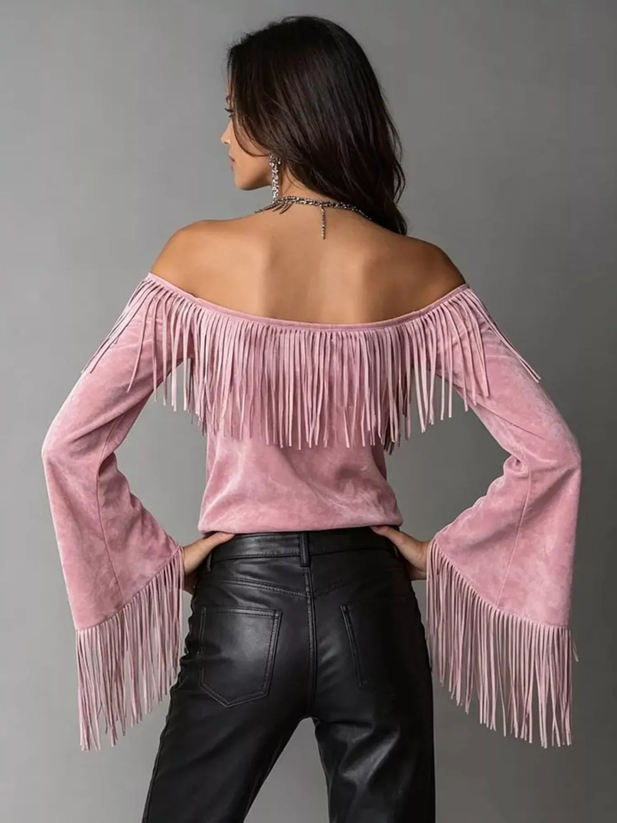 Full Size Fringed Off-Shoulder Flare Sleeve Top Plus Size - Lilixa.store